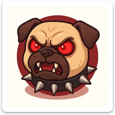 angry pug emoji with bright red eyes, furious expression, sharp fangs, black collar with large metal spikes, intimidating but funny appearance, cartoonish 2D style, simple or dark red circular background, ideal for a rebellious or tough emoji sticker