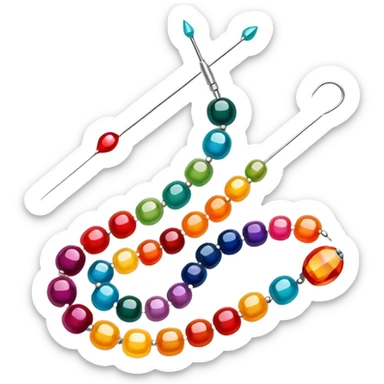Create a harmonious and well-composed icon that represents the hobby of beadwork. The design should feature colorful beads, thread, and a beading needle or tool in a balanced arrangement. The elements should flow naturally, reflecting the creativity and precision of the craft. Ensure the composition is clean and aesthetically pleasing, with vibrant yet balanced colors. The background should be transparent. sticker
