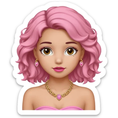 crée moi une jeune fille très belle avec les cheveux bouclés long brune avec un top  sans manche ni brettelles juste un 'bandeau' de couleur rose clair avec un peu de maquillage et des beaux et long  cils un collier en or sticker