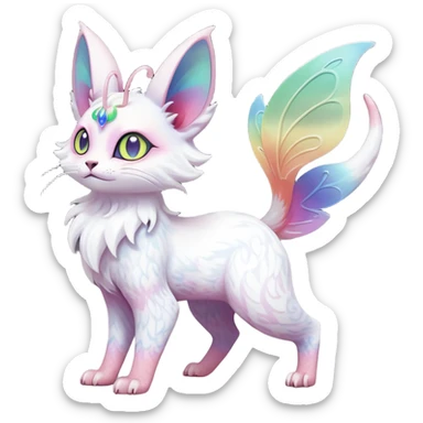 Pure-snow-White albino iridescent with pastel rainbow-gradients-color-markings with swirly patterns butterflies  faerie-Noivern-Noibat-Purloin-Torracat-Lykoi-Caracal-cat-Fakemon-fusion-hybrid-creature-scared sticker