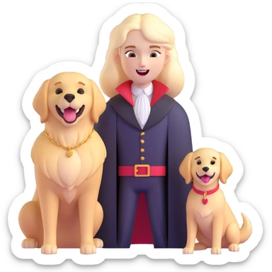 serious vampire with pale skin and fangs on the left, next to joyful golden retriever on the right, both in one emoji sticker