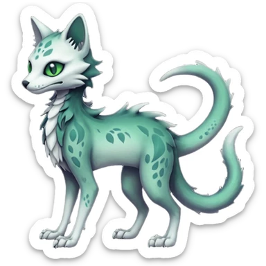 Kawaii spectral spooky dark bleak blackish swampy white-skeletal gloomy ghostly dark greyish dark-deep-greenish foggy eldritch beautiful realistic edgy fantasy ghoul-like stitched feline-vernid-sergal-fursona animal creature with a tufted tail full body with intricate markings  sticker