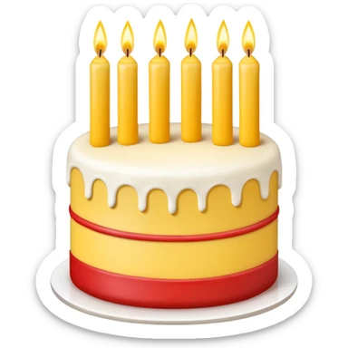 large red and yellow birthday cake with three candles, minimalist, iOS emoji style, no background sticker