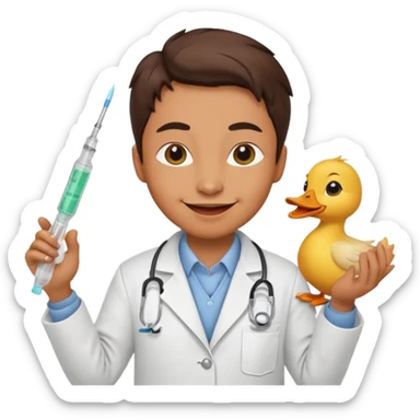 Duck doctor holding syringe and cheerful grin.

 sticker