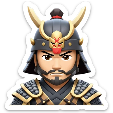 clash-of-clans-aesthetic_-cinematic-fearsome-and-majestic-samurai-bust-portrait-emoji, rendered in a flat, vector-style with minimal shading and bold, simplified shapes typical of emoji art, depicting a battle-hardened samurai with steely eyes and traditional black Japanese armor. The samurai is riding a noble grey warhorse adorned with an intricately designed saddle and fluttering banners, against a backdrop of cherry blossoms and a rising sun. sticker