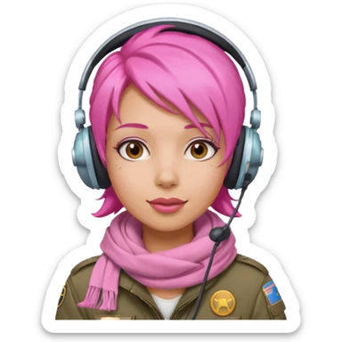 Jet Queen Mia – bubble-gum-hair pilot wearing a headset and pink scarf sticker