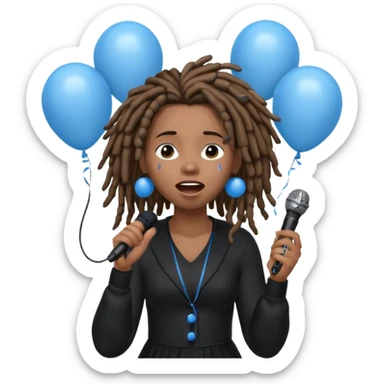 Black girl Stud with dreadlocks singing dressed in black crying 1,2,3 release em with white and blue balloons flying overhead emoji like with mic in hand  sticker