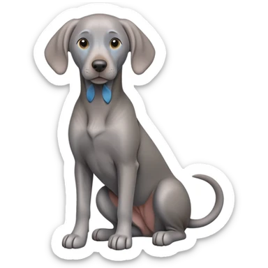 cinematic-[weimaraner]-realistic-full-body-sitting-emoji,-tail-resting-loosely-beside-its-paws,-head-tilted-dramatically, -sleek-[grey blue]-fur,-simplified-yet-realistic-focused-features,-highly-detailed,-glowing-with-an-almost-sarcastic-glow sticker