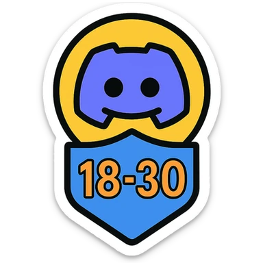 Discord role icon representing ages 18-30, modern, inclusive, subtle numbers '18-30', youthful vibe, community role badge sticker