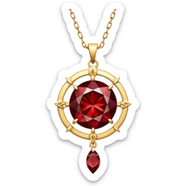 shimmering red garnet talisman, suspended from a gold chain, radiating magic and strength sticker