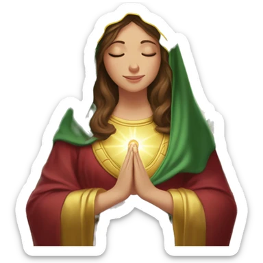 Virgin Mary: kind face looking down at the left, long brown hair, Wearing an emerald green  robe with gold stars and a burgundy red dress,  Hands in prayer or blessing. Halo around her head. standing in front of a big sun. colorful roses on the sides  sticker