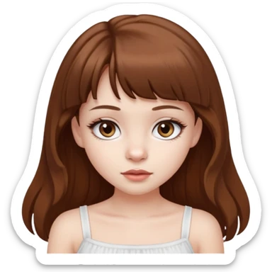 Pale skinned waisian girl with brown hair and dark brown eyes. She has bangs and her hair is slightly big wavy and long. She has big cat looking eyes and long lashes. Make her wear a white tube top. sticker