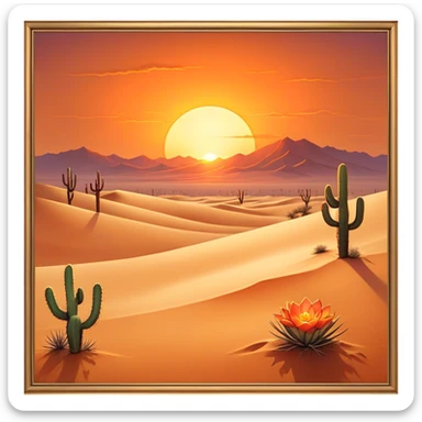 Cinematic Realistic Desert Emoji in a frame, Expansive and arid, with vast stretches of golden sand dunes and scattered cacti, the sun casting a warm, almost orange glow over the dry, cracked earth. The horizon blurs into a heat shimmer, while the occasional desert flower adds a splash of color to the barren landscape. Soft glowing outline, capturing the essence of the harsh yet stunning beauty of the desert, calm and quiet, filled with silence and mystery. sticker