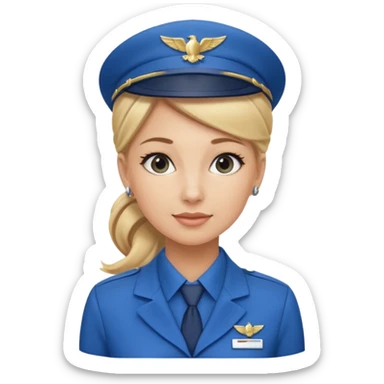 Create an emoji of a female flight attendant with blonde hair tied up, wearing a blue flight attendant hat and a blue flight attendant uniform. sticker