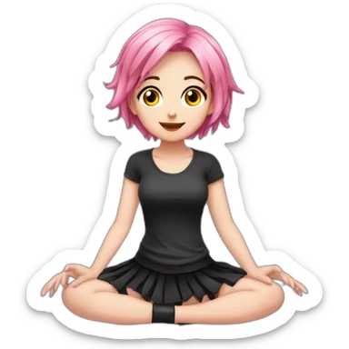 Full body Front view curvy emo girl pink hair sits on the floor straight view hands up black skirt белые трусики sticker