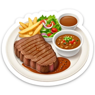 big juicy australian steak meal featuring chips, small salad in a ramikan and gravy in a small bowl on the plate sticker