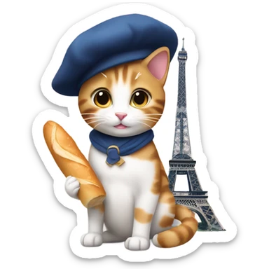 cat wearing beret holding baguette by eiffel tower sticker