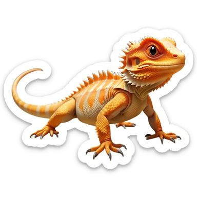 cinematic-bearded-dragon-realistic-full-body-standing on all fours-emoji,-rough-scaled-body-balanced-on-strong-legs,-spiky-throat-slightly-flared,-head-tilted-dramatically,-warm-orange-and-brown-patterns-glowing-under-the-sun,-simplified-yet-realistic-focused-features,-highly-detailed,-glowing-with-an-almost-sarcastic-glow sticker