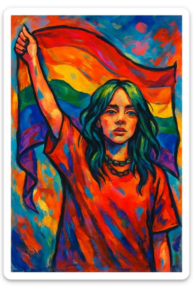 Billie Eilish holding a pride flag, stylized, no text sticker