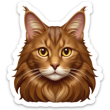 Cinematic Brown Maine Coon Cat Portrait Emoji, Elegant and alert, sleek brown and gold tones with hints of deep auburn, Simplified yet sharp features, highly detailed, glowing with a warm, confident glow, high shine, intelligent and poised with an air of wisdom, stylized with an air of grace, focused and attentive with a calm, old soul expression, soft glowing outline, capturing the essence of experience and majesty, so lifelike it feels as though it could spring into motion at any moment, radiating wisdom and grace. sticker