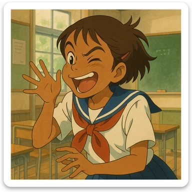Japanese brown-skinned high school girl in a Tokyo school uniform, giving a quick, sneaky kiss on the cheek to a classmate (not shown), playful and energetic, with a hint of a Japanese classroom in the background, anime style sticker