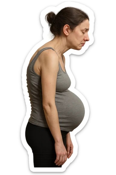 donna in gravidanza di profilo con spina dorsale in evidenza, postura storta, spalle chiuse in avanti, iperrealistica 4k sticker