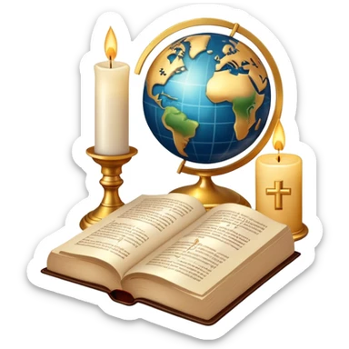 An icon featuring a holy book, a candle, and a cross, symbolizing religious studies. The design includes a globe with various religious symbols like a crescent moon and a star, representing the diversity of beliefs. Transparent background highlights the exploration of world religions sticker
