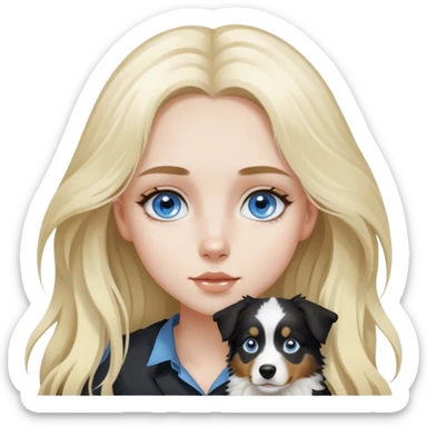 pale girl with blue eyes and long blonde hair and black white Australian shepherd. sticker
