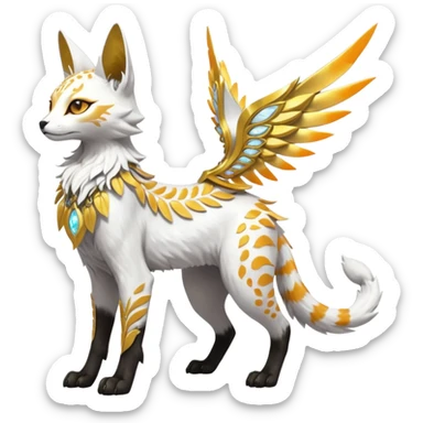 Epic complex fantasy glorious detailed futuristic divine godly angelic feathery sunny, white, albino, pastel, golden, orange glowing sparkly, realistic Fakémon-Sprigatito-Floragato-Meowscarada-Trico-Sergal-Serval-Solgaleo-Vernid-creature (full body) solarpunk, shiny sparkly with a gold laurel sticker