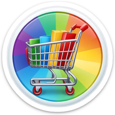 Create a round sticker with a dark black background inside the circle, dynamic edges that smoothly transition step-by-step from green to yellow to red to purple, a small shopping cart icon in the center, the title text ‘New stock soon’, where the word ‘soon’ is blinking in bright blue color.” sticker