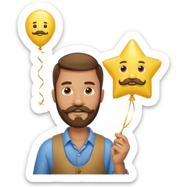 man with bead and mustache holding star yellow balloon sticker