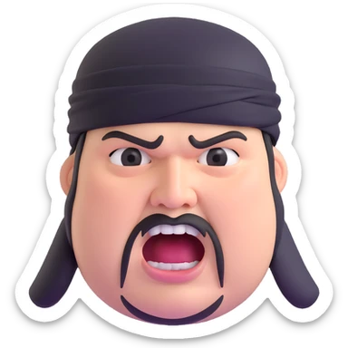 Super extreme tight close-up of just the face of morbidly obese white skin guy with young face, prominent BLACK DURAG tied clearly on head, black beard but no mustache, clean shaven upper lip, black eyes, mouth wide open screaming angrily sticker