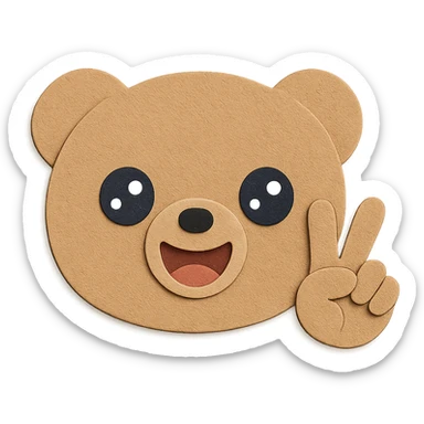Create a head-only image of the cute bear with a peace sign hand gesture near the face. The bear's face (eyes, nose, mouth) must be exactly the same in color, shape, and features as the reference image. All other bear features and colors remain unchanged. Use the same paper craft visual effect. Clean lines, transparent background. sticker