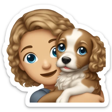 Please create a girl who hugs her pet doggie. The girl has a cute face and so does the doggie. The girl has light skin, blue eyes and light wavy long hair. sticker