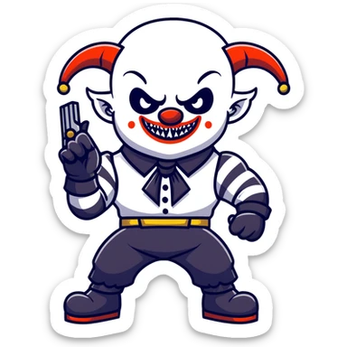 full-body muscular demonic clown in a black and white leisure suit with bellbottom pants, bald, with black ram horns, flashy black and white belt, ruffled white shirt, no neck tie, large fangs, holding a very large futuristic rifle sticker