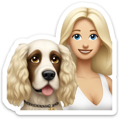 Russian woman with long dark brown hair in a white singlet sits with blonde cocker spaniel sticker