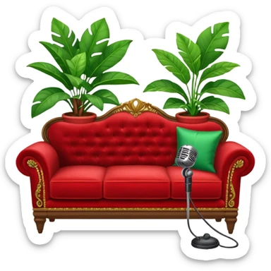 red velvet couch with a mic and houseplant sticker