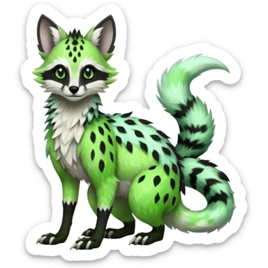 Feral Rare Fantasy   neon-green fur with obsidian-onyx-black points and snowy-white belly  Vernid-Sergal-Genet-Trico-species by LiLaiRa, random markings, tufted tail, tufted ears, full body sticker