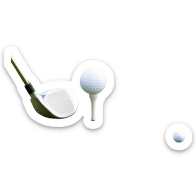 A golf ball on a tee with a golf club placed beside it, set against the backdrop of a well-manicured green golf course. The scene emphasizes the equipment and serene atmosphere of the sport, with soft lighting and a peaceful, open landscape sticker