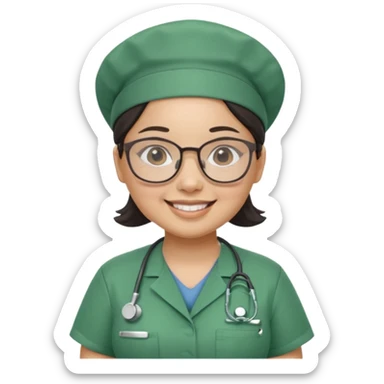 FILIPINA FEMALE NURSE, CHUBBY, NO HAIR, WITH GLASSES, GREEN SCRUBS, AND CAP, SMILING sticker