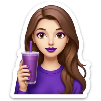 girl with long brown hair, wine lipstick, gold nails, drinking a blueberry butter pecan iced coffee with a purple straw  sticker