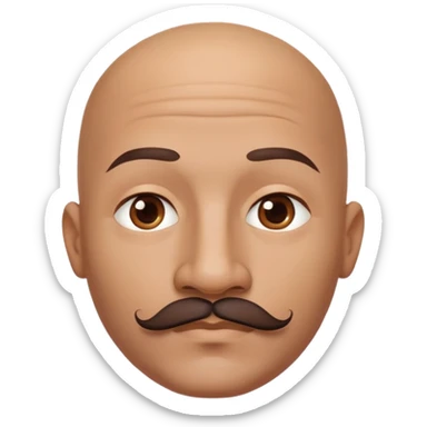 Bald man with oval smooth head, indigenous facial features, 37 years old, with only a mustache and contour from chin to lips, memoji style sticker