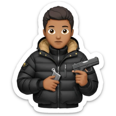 african american wearing a black puffer jacket with the hood on and holding a glock 26 sticker