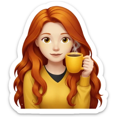 Happy long haired redhead hugging big yellow marble drinking coffee sticker