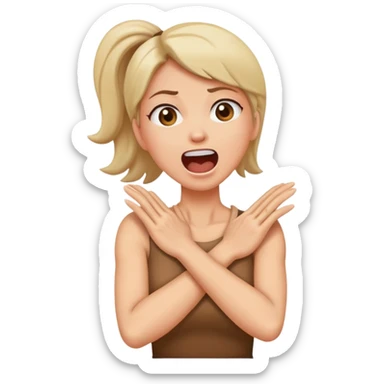 Woman with arms crossed holding neck screaming sticker