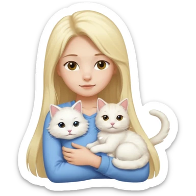 a girl with long blonde hair and a white fluffy cat lying on her left shoulder and neck, emoji style, suitable for Discord and Slack sharing sticker