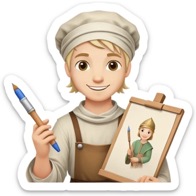 happy apprentice painter with rolled up drawing, medieval age sticker