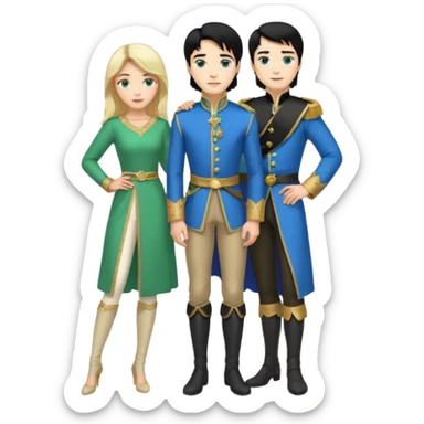 prince, standing upright, black Hair, blue eyes, garment,  woman, bending knee, White sleveless dress, blonde hair, green eyes, sticker