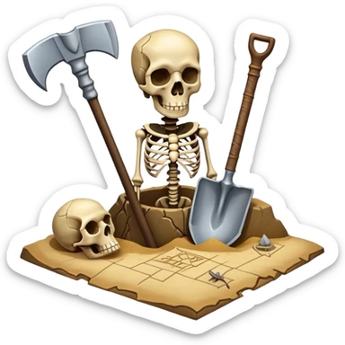 An icon featuring a shovel, pickaxe, and ancient artifacts, symbolizing archaeology. The design includes a partially unearthed skeleton and a treasure map, representing the discovery of past civilizations. Transparent background emphasizes the adventure of uncovering history. sticker