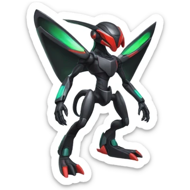 a shiny black Genesect-Flygon-Raptor-Fakémon-Medabot-hybrid with a futuristic visor-helmet full body sticker